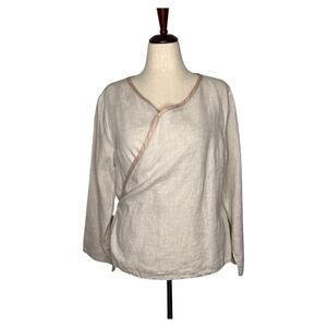 Buykud Women's True Wrap Top L Linen-Like Cotton Oatmeal Lightweight Long Sleeve